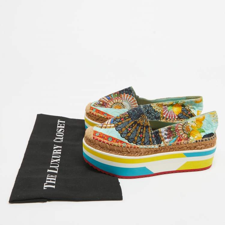 Pre Owned Dolce & Gabbana Multicolor Print Jacquard Platform Espadrilles Size 37