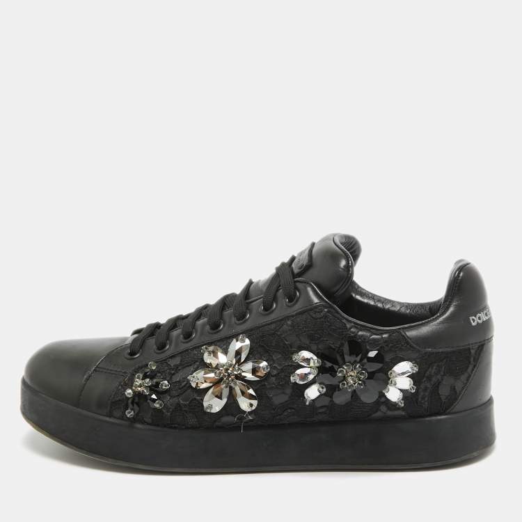 Pre Owned Dolce & Gabbana Black Leather Crystal Embellished Low Top Sneakers Size 39