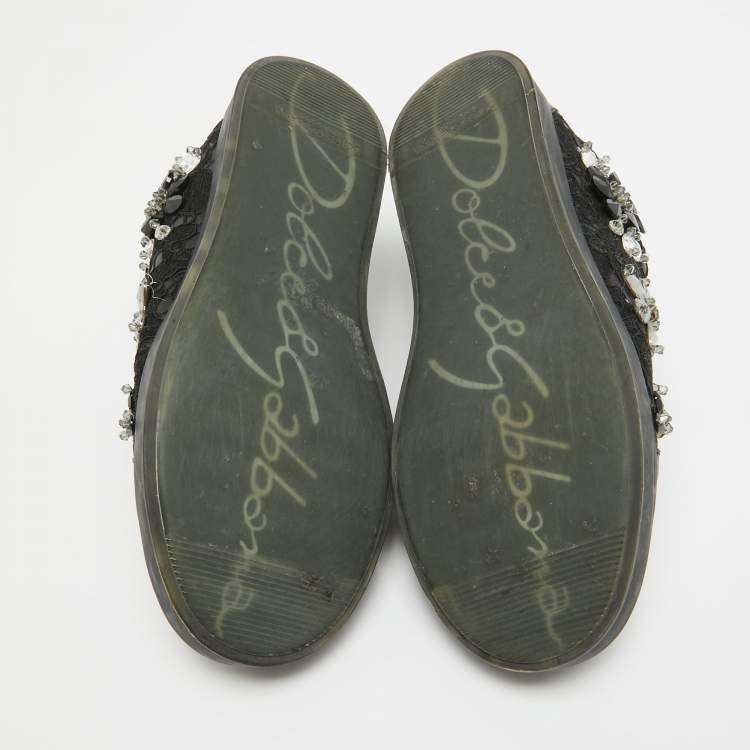 Pre Owned Dolce & Gabbana Black Leather Crystal Embellished Low Top Sneakers Size 39