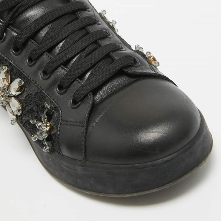 Pre Owned Dolce & Gabbana Black Leather Crystal Embellished Low Top Sneakers Size 39