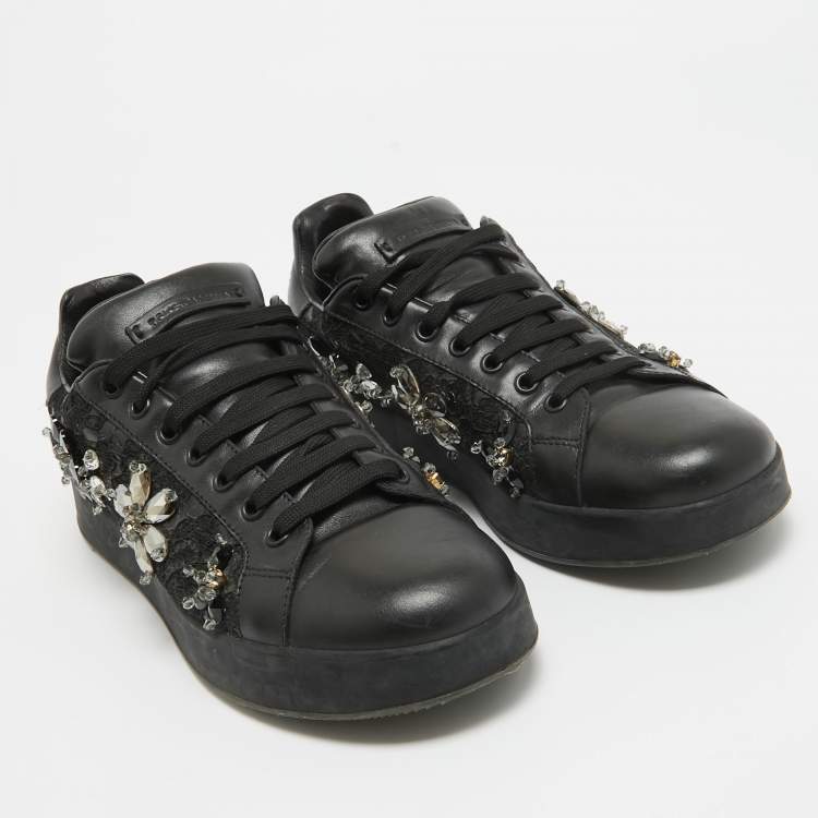 Pre Owned Dolce & Gabbana Black Leather Crystal Embellished Low Top Sneakers Size 39
