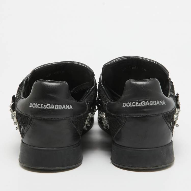 Pre Owned Dolce & Gabbana Black Leather Crystal Embellished Low Top Sneakers Size 39
