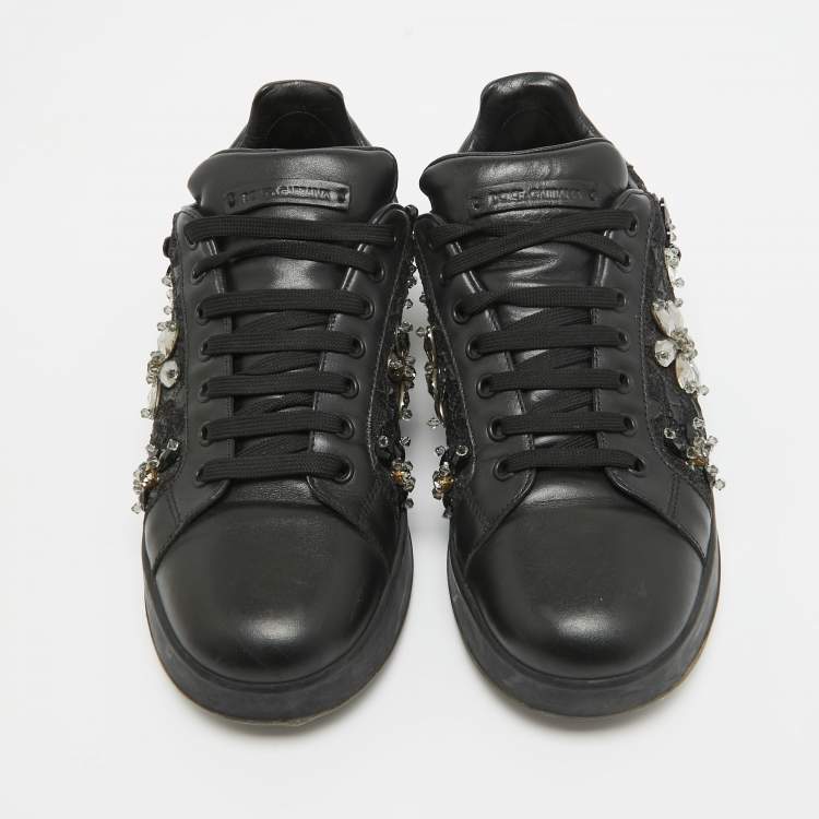 Pre Owned Dolce & Gabbana Black Leather Crystal Embellished Low Top Sneakers Size 39