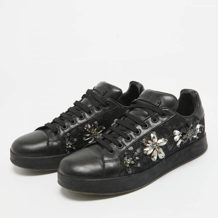 Pre Owned Dolce & Gabbana Black Leather Crystal Embellished Low Top Sneakers Size 39
