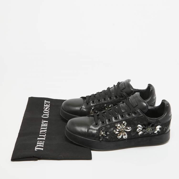 Pre Owned Dolce & Gabbana Black Leather Crystal Embellished Low Top Sneakers Size 39