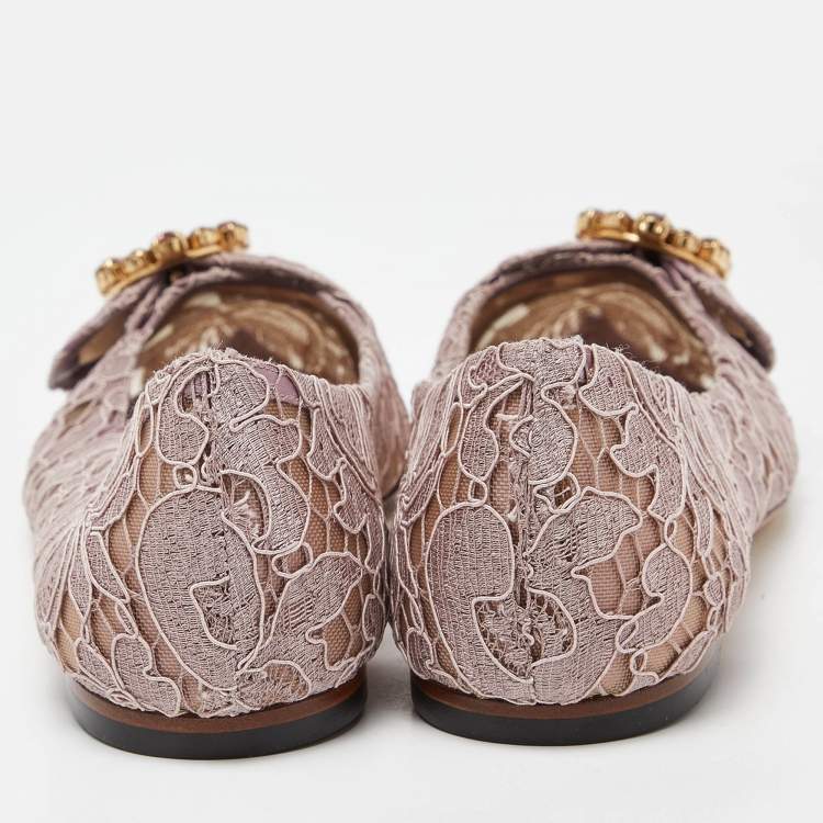 Pre Owned Dolce & Gabbana Pink Lace and Mesh Crystal Embellished Ballet Flats Size 37