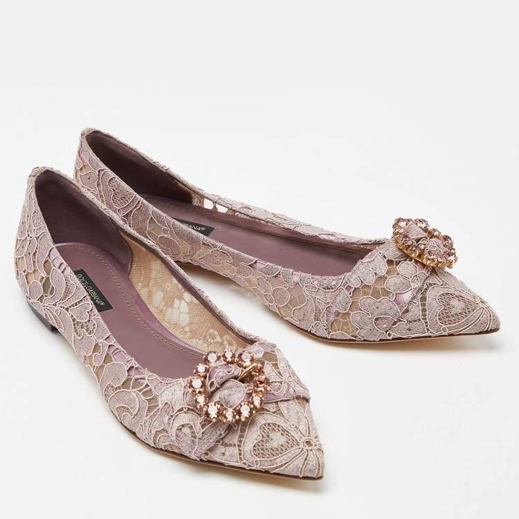 Pre Owned Dolce & Gabbana Pink Lace and Mesh Crystal Embellished Ballet Flats Size 37