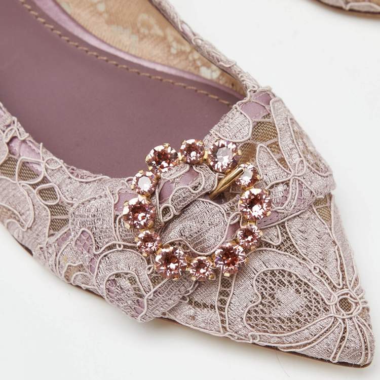 Pre Owned Dolce & Gabbana Pink Lace and Mesh Crystal Embellished Ballet Flats Size 37