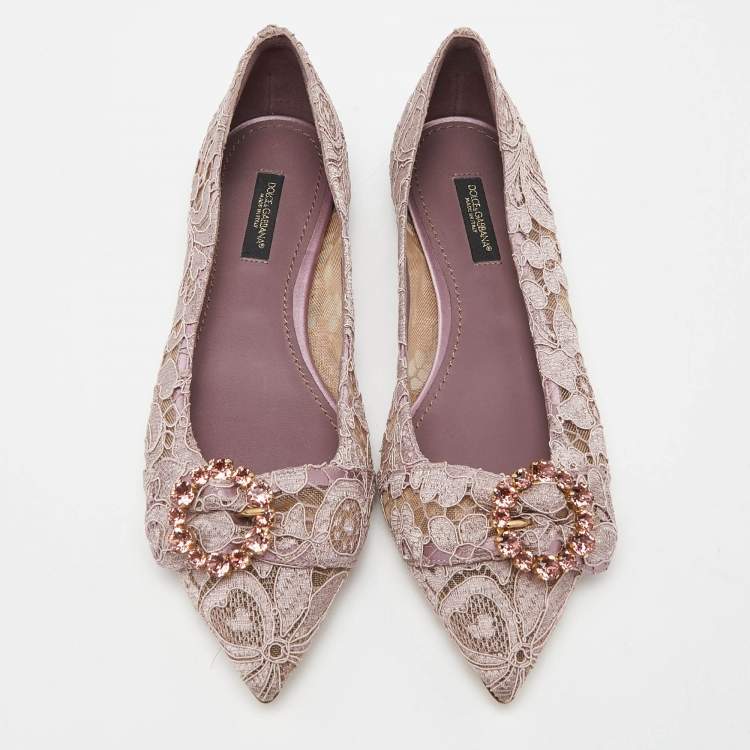 Pre Owned Dolce & Gabbana Pink Lace and Mesh Crystal Embellished Ballet Flats Size 37