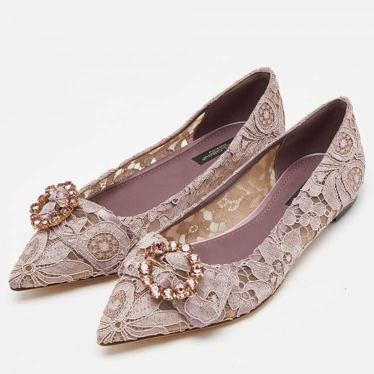 Pre Owned Dolce & Gabbana Pink Lace and Mesh Crystal Embellished Ballet Flats Size 37