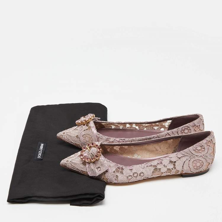 Pre Owned Dolce & Gabbana Pink Lace and Mesh Crystal Embellished Ballet Flats Size 37