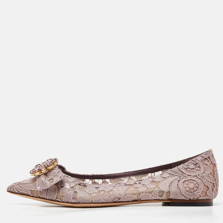 Pre Owned Dolce & Gabbana Pink Lace and Mesh Crystal Embellished Ballet Flats Size 37