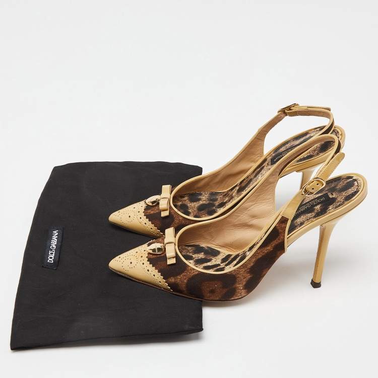 Pre Owned Dolce & Gabbana Brown/Beige Leopard Print Canvas and Patent Leather Slingback Pumps Size 38