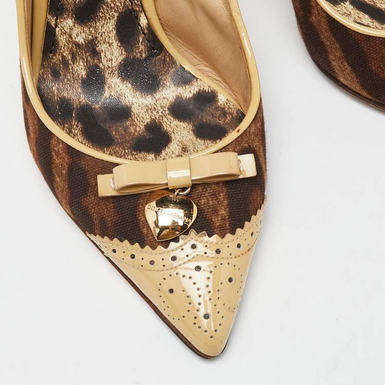 Pre Owned Dolce & Gabbana Brown/Beige Leopard Print Canvas and Patent Leather Slingback Pumps Size 38