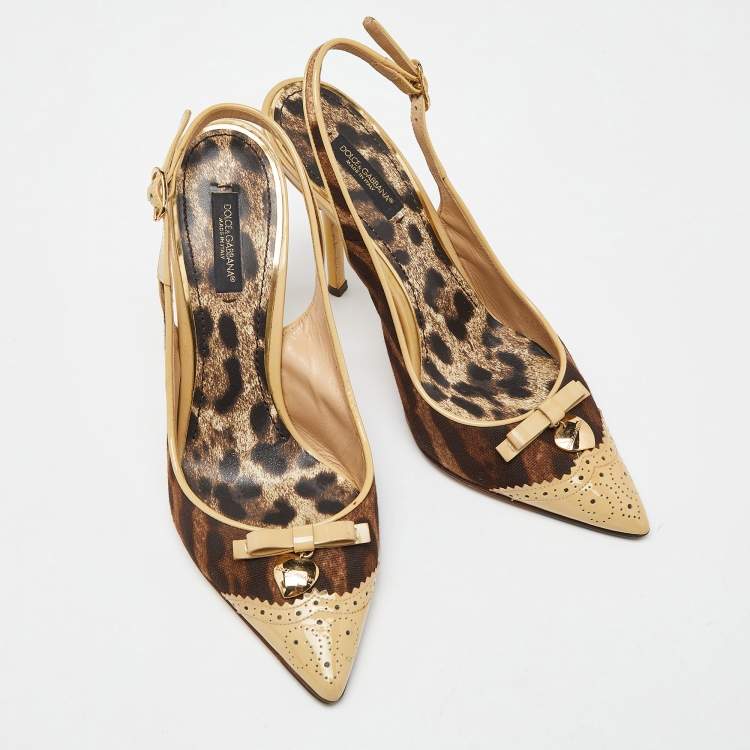 Pre Owned Dolce & Gabbana Brown/Beige Leopard Print Canvas and Patent Leather Slingback Pumps Size 38