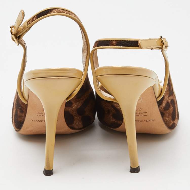 Pre Owned Dolce & Gabbana Brown/Beige Leopard Print Canvas and Patent Leather Slingback Pumps Size 38