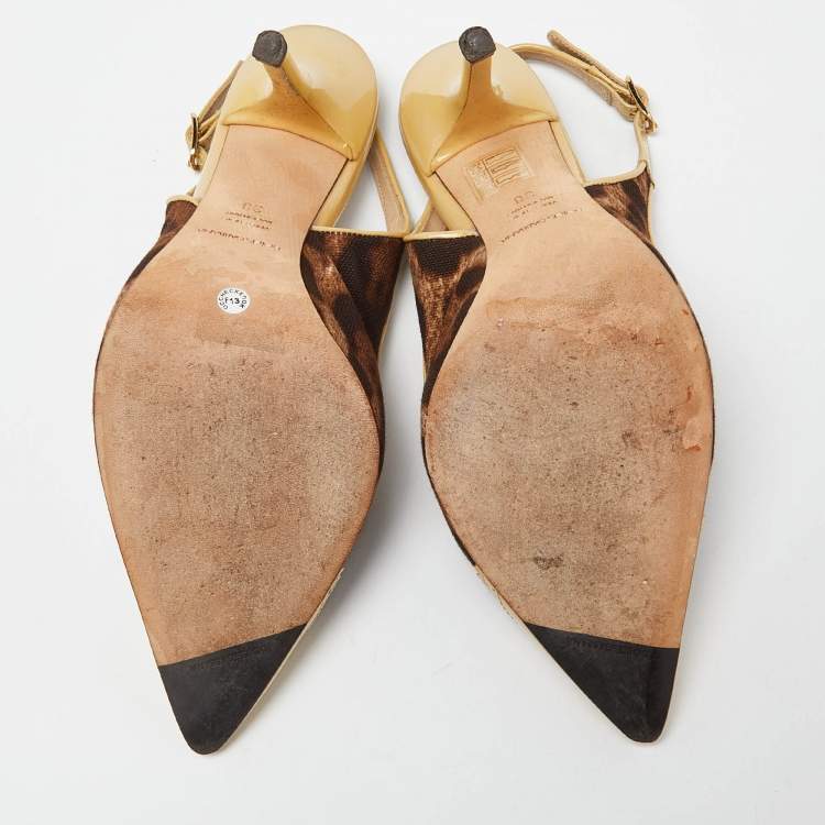 Pre Owned Dolce & Gabbana Brown/Beige Leopard Print Canvas and Patent Leather Slingback Pumps Size 38