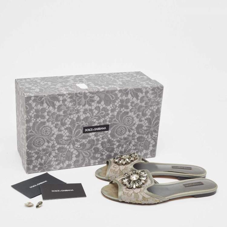Pre Owned Dolce & Gabbana Grey Lace Bellucci Slide Flats Size 37