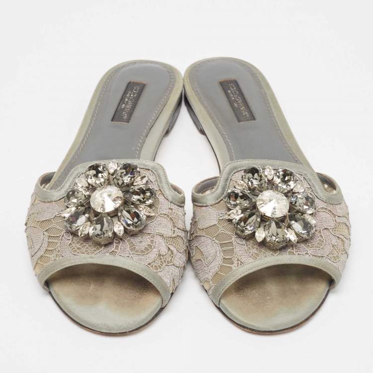 Pre Owned Dolce & Gabbana Grey Lace Bellucci Slide Flats Size 37