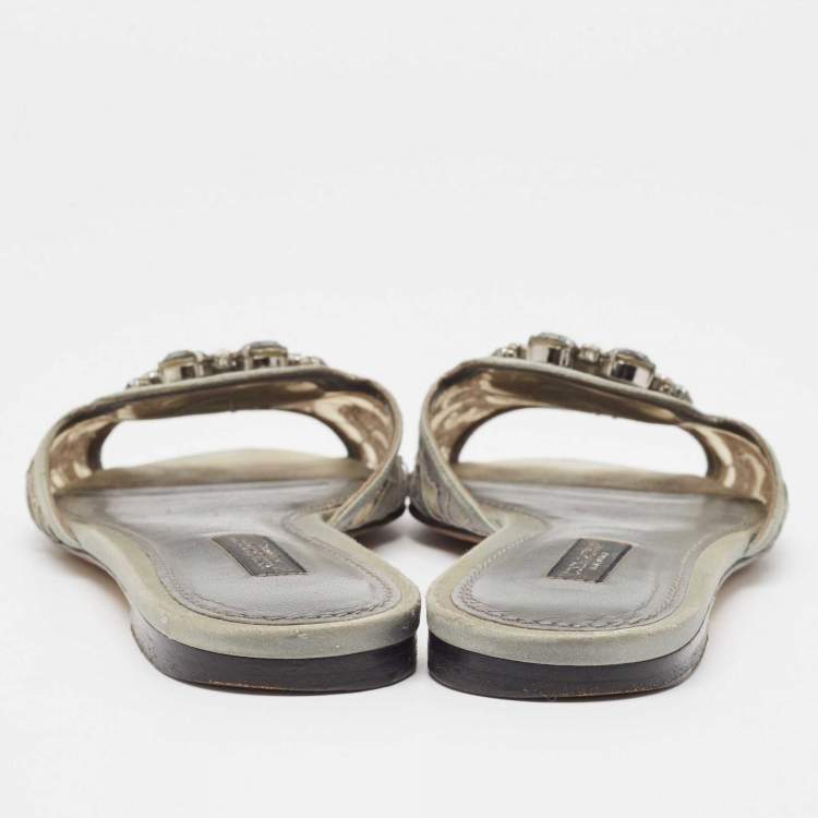Pre Owned Dolce & Gabbana Grey Lace Bellucci Slide Flats Size 37
