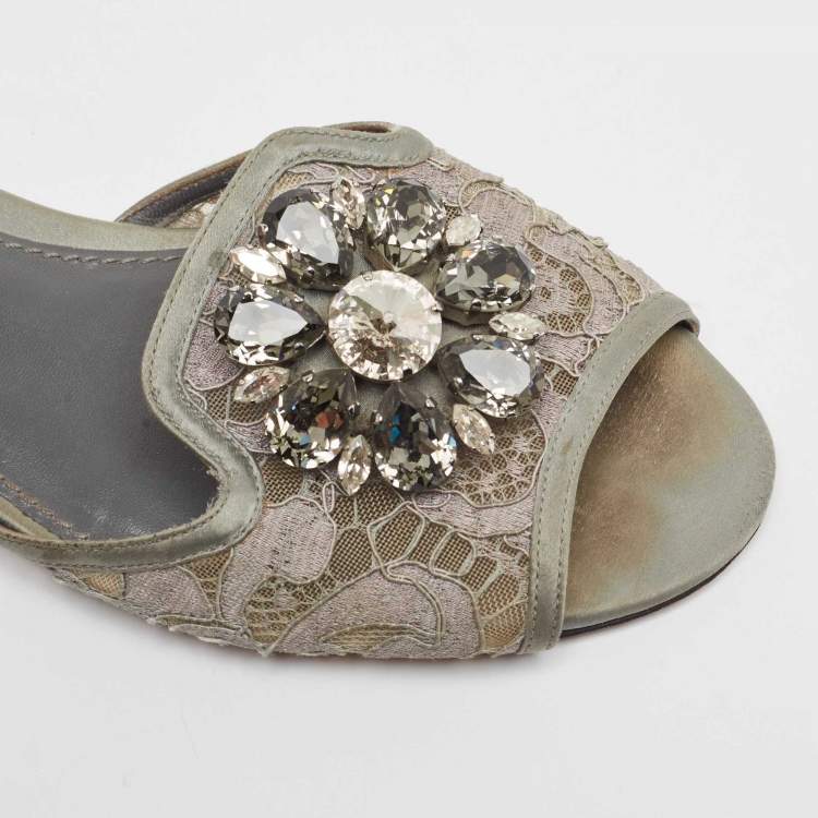 Pre Owned Dolce & Gabbana Grey Lace Bellucci Slide Flats Size 37