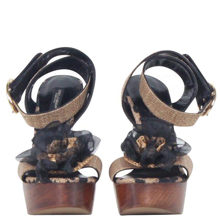 Pre Owned Dolce & Gabbana Leopard Raffia Platform Sandals Size 38