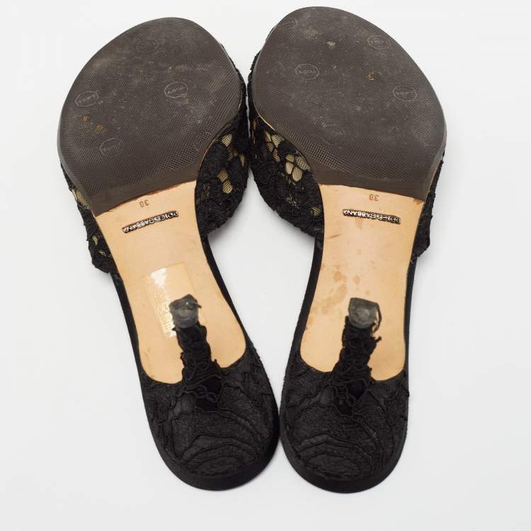 Pre Owned Dolce & Gabbana Black Lace and Mesh Bianca Sandals Size 38