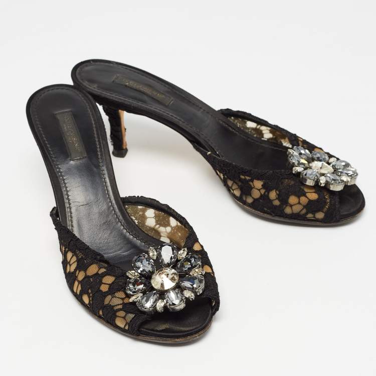 Pre Owned Dolce & Gabbana Black Lace and Mesh Bianca Sandals Size 38