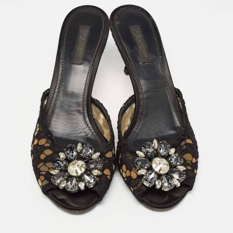 Pre Owned Dolce & Gabbana Black Lace and Mesh Bianca Sandals Size 38