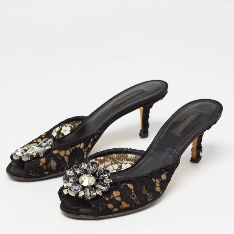 Pre Owned Dolce & Gabbana Black Lace and Mesh Bianca Sandals Size 38