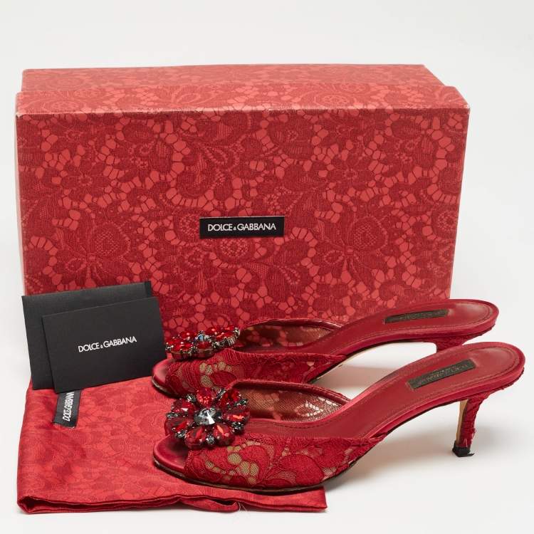 Pre Owned Dolce & Gabbana Red Mesh and Lace Bianca Sandals Size 38