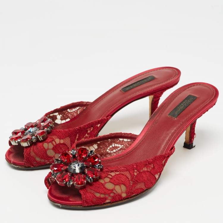 Pre Owned Dolce & Gabbana Red Mesh and Lace Bianca Sandals Size 38