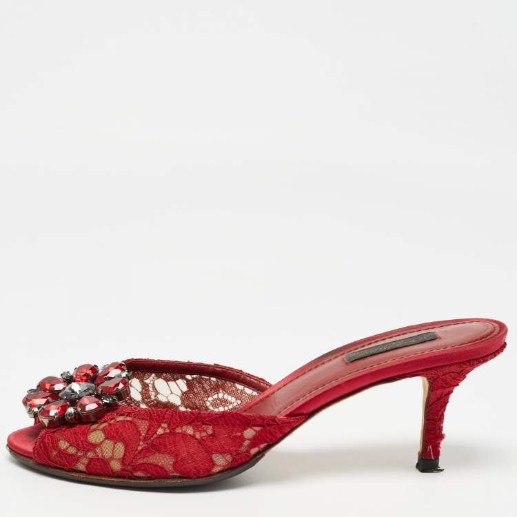 Pre Owned Dolce & Gabbana Red Mesh and Lace Bianca Sandals Size 38