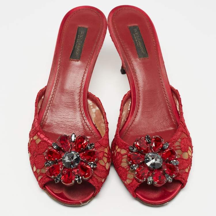 Pre Owned Dolce & Gabbana Red Mesh and Lace Bianca Sandals Size 38