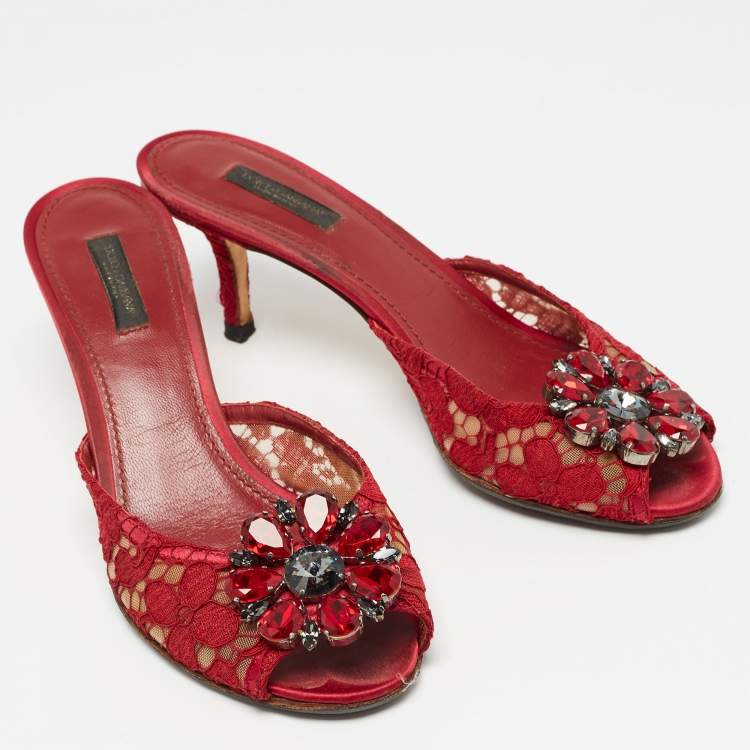 Pre Owned Dolce & Gabbana Red Mesh and Lace Bianca Sandals Size 38