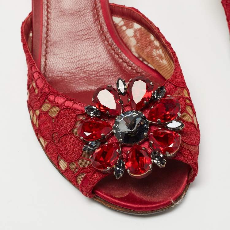 Pre Owned Dolce & Gabbana Red Mesh and Lace Bianca Sandals Size 38