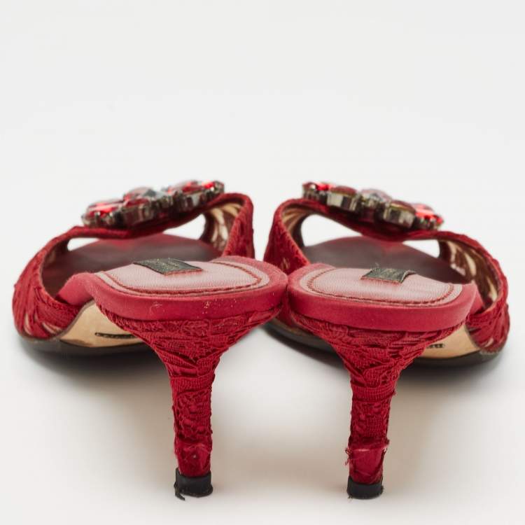 Pre Owned Dolce & Gabbana Red Mesh and Lace Bianca Sandals Size 38