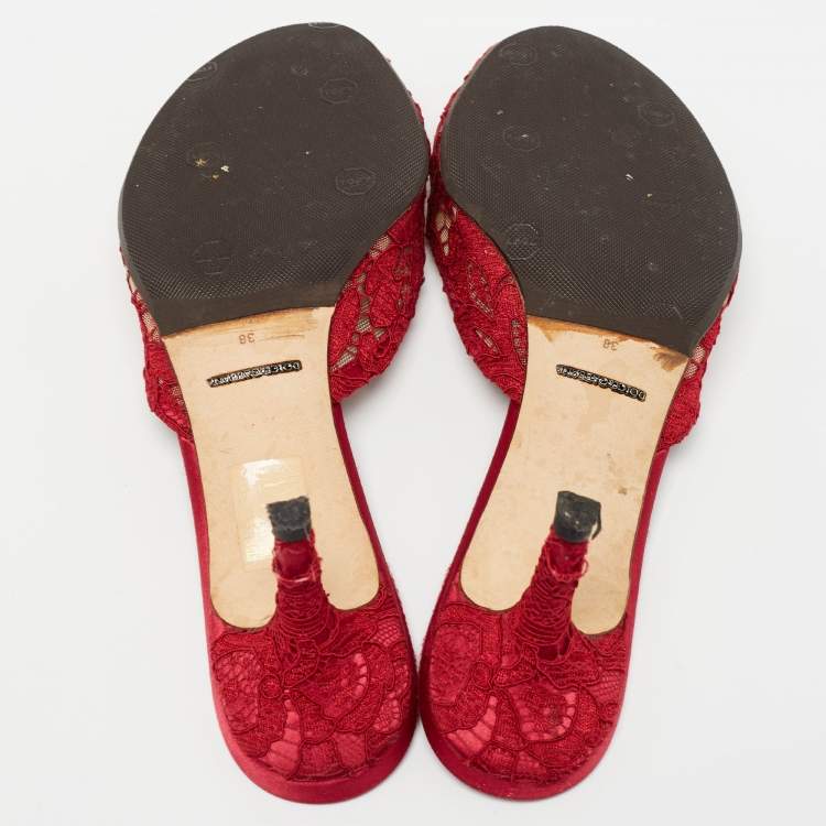 Pre Owned Dolce & Gabbana Red Mesh and Lace Bianca Sandals Size 38