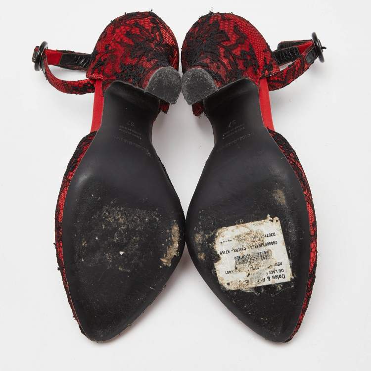 Pre Owned Dolce & Gabbana Red Lace Ankle Strap Sandals Size 37