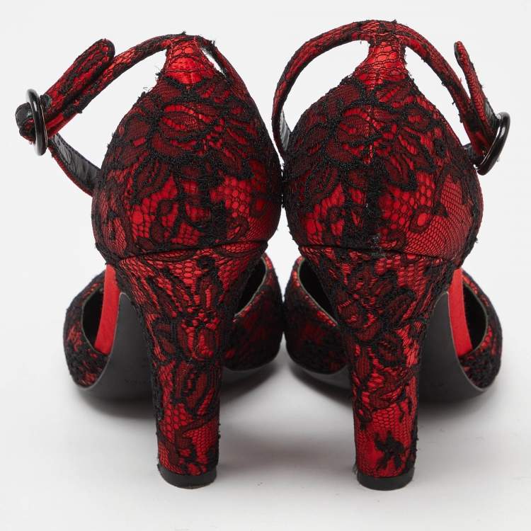 Pre Owned Dolce & Gabbana Red Lace Ankle Strap Sandals Size 37