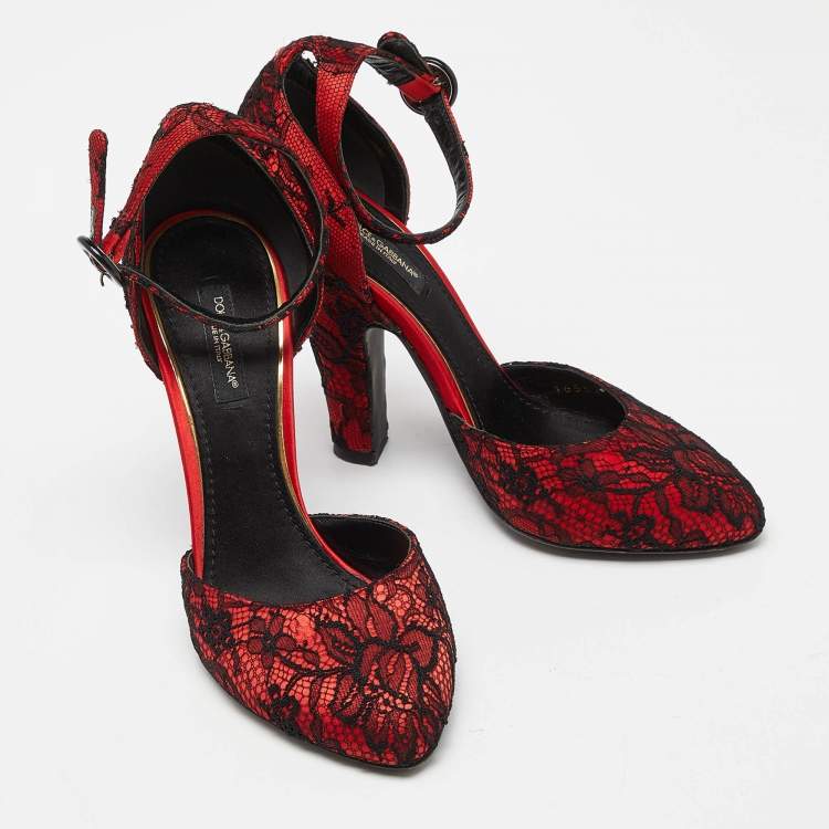 Pre Owned Dolce & Gabbana Red Lace Ankle Strap Sandals Size 37