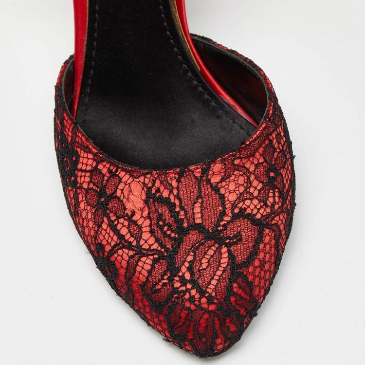 Pre Owned Dolce & Gabbana Red Lace Ankle Strap Sandals Size 37