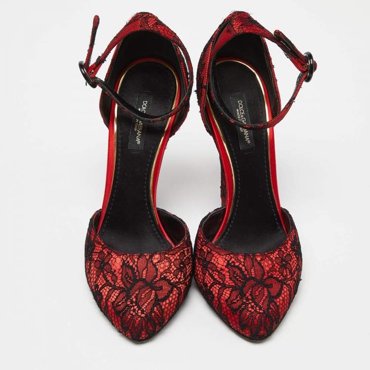 Pre Owned Dolce & Gabbana Red Lace Ankle Strap Sandals Size 37