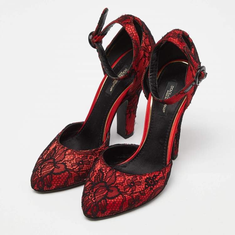 Pre Owned Dolce & Gabbana Red Lace Ankle Strap Sandals Size 37