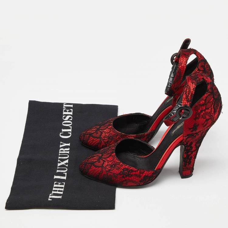 Pre Owned Dolce & Gabbana Red Lace Ankle Strap Sandals Size 37