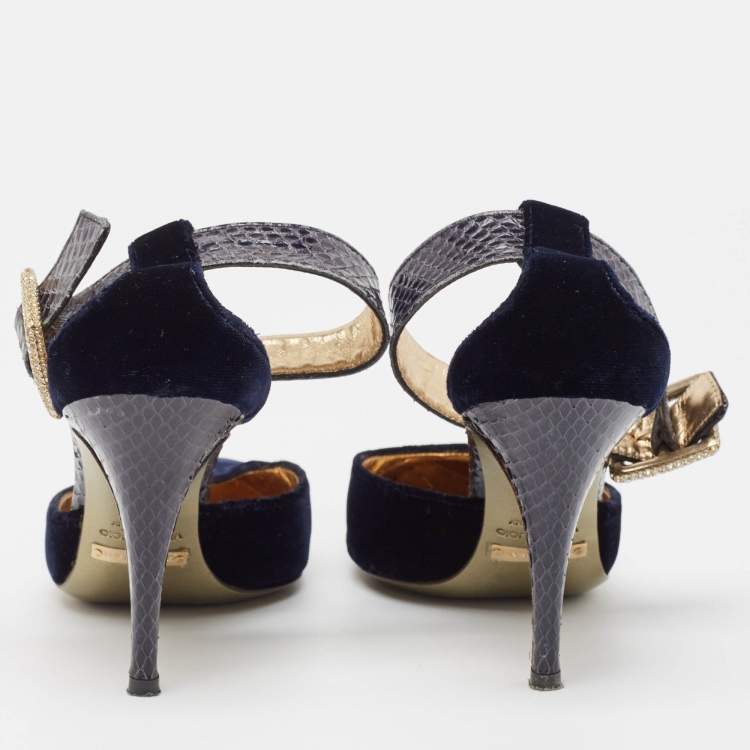 Pre Owned Dolce & Gabbana Navy Blue Velvet And Python Ankle Strap Sandals Size 36