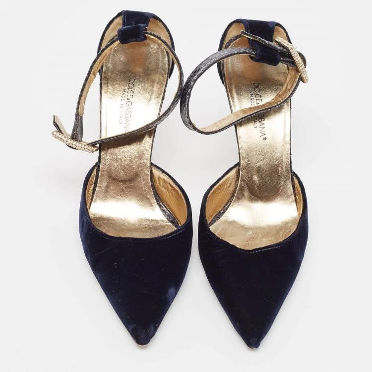 Pre Owned Dolce & Gabbana Navy Blue Velvet And Python Ankle Strap Sandals Size 36