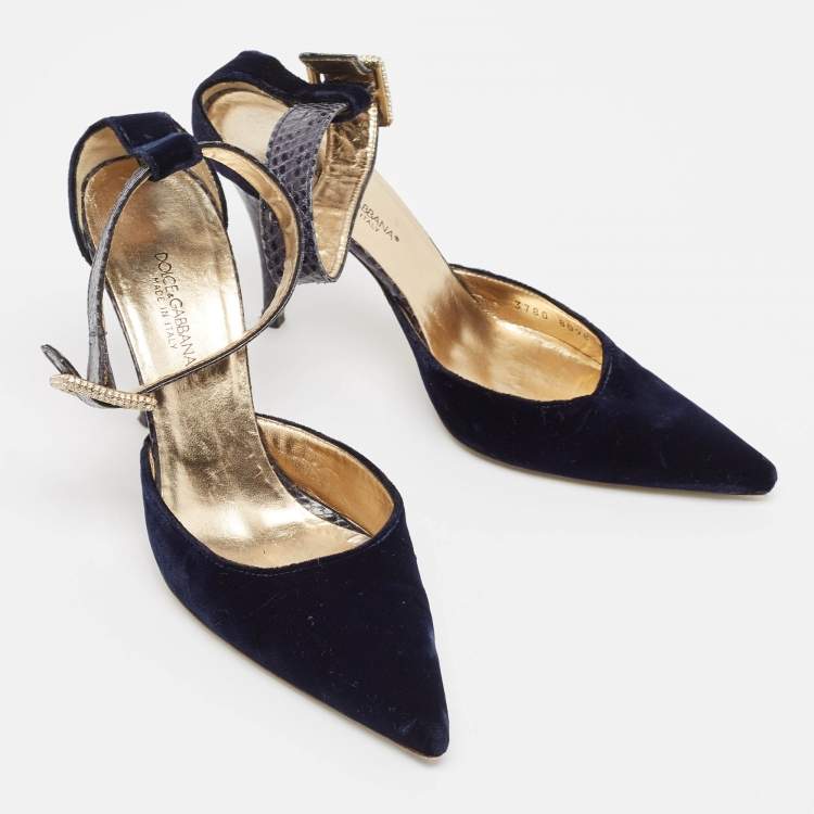 Pre Owned Dolce & Gabbana Navy Blue Velvet And Python Ankle Strap Sandals Size 36
