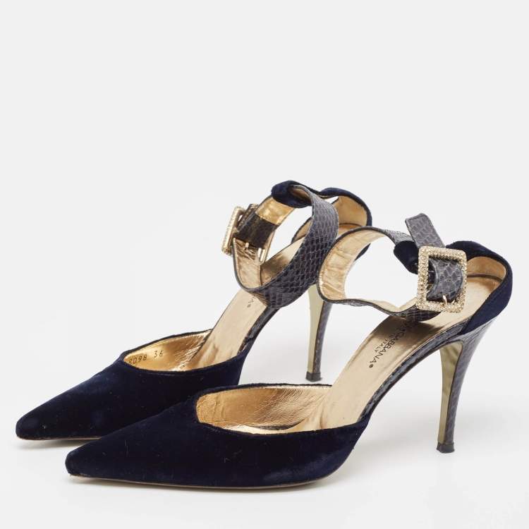 Pre Owned Dolce & Gabbana Navy Blue Velvet And Python Ankle Strap Sandals Size 36