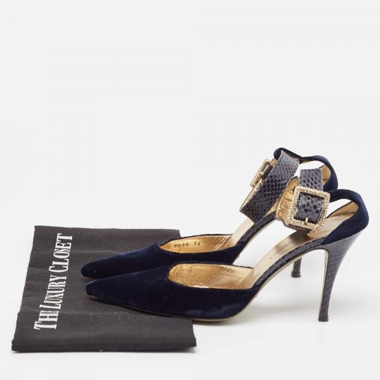 Pre Owned Dolce & Gabbana Navy Blue Velvet And Python Ankle Strap Sandals Size 36